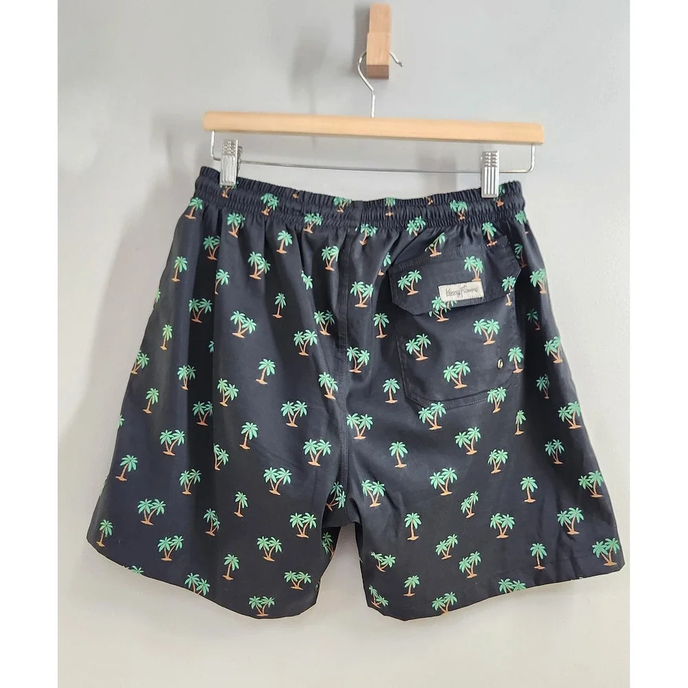 Kenny Flowers Swim Trunks Mens Medium Black Leopard Palm Tree Print Back Pocket